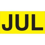 A bright yellow rectangle with JUL in bold black capitals, similar to MH-USA 3 x 6 - JUL Fluorescent Yellow Months of the Year Labels (500/Roll).