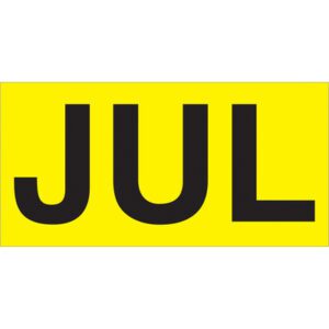 A bright yellow rectangle with JUL in bold black capitals, similar to MH-USA 3 x 6 - JUL Fluorescent Yellow Months of the Year Labels (500/Roll).