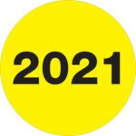 A bold black 2021 is displayed at the center of a vibrant fluorescent yellow circle, just like MH-USAs 2 Circle 2021 Year Labels, available in rolls of 500.