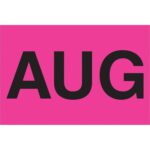 The MH-USA 2 x 3 AUG Months of the Year Labels feature bold black letters on fluorescent pink, perfect for colorful organization. Each roll contains 500 stickers.