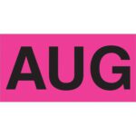 A black AUG in uppercase bold text is centered on a fluorescent pink rectangular background, resembling the MH-USA 3 x 6 - AUG (Fluorescent Pink) Months of the Year Labels, which come with 500 labels per roll.