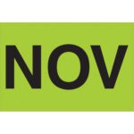 The MH-USA 2 x 3 - NOV (Fluorescent Green) Months of the Year Labels feature a vibrant green background with bold black NOV, ideal for organizing. Available in a roll of 500.