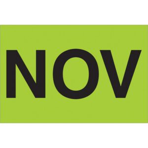 The MH-USA 2 x 3 - NOV (Fluorescent Green) Months of the Year Labels feature a vibrant green background with bold black NOV, ideal for organizing. Available in a roll of 500.