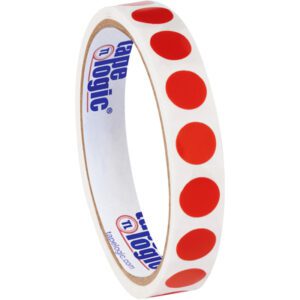 The MH-USA 1/2 Red Inventory Circle Labels (500/Roll) offer bright red circle stickers on white tape, with interior branding text and a website URL for easy information access.