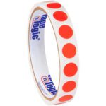 The MH-USA 1/2 fluorescent red inventory circle labels (500/roll) are neatly spaced on a roll of tape logic white tape, with bright red dots that stand out and the logo prominently displayed inside the roll.