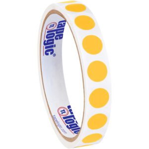 A roll of white adhesive tape featuring yellow dots enhances the vibrant MH-USA 1/2 Fluorescent Orange Inventory Circle Labels (500/Roll). The reverse side bears a tape logic logo and text against a plain white backdrop.