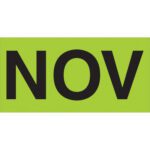 The image showcases NOV in bold black on a bright fluorescent green background, reminiscent of MH-USA 3 x 6 - NOV (Fluorescent Green) Months of the Year Labels (500/Roll).