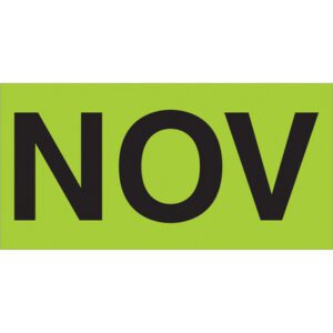 The image showcases NOV in bold black on a bright fluorescent green background, reminiscent of MH-USA 3 x 6 - NOV (Fluorescent Green) Months of the Year Labels (500/Roll).