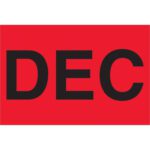 The image displays DEC in bold black font against a bright fluorescent red background, similar to the MH-USA 2 x 3 - DEC (Fluorescent Red) Months of the Year Labels (500/Roll).