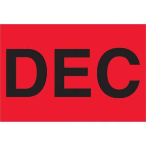 The image displays DEC in bold black font against a bright fluorescent red background, similar to the MH-USA 2 x 3 - DEC (Fluorescent Red) Months of the Year Labels (500/Roll).