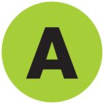 A large black letter A is centered on a bright green circle, similar to the MH-USA 2 Circle - A (Fluorescent Green) Letter Labels available in rolls of 500.