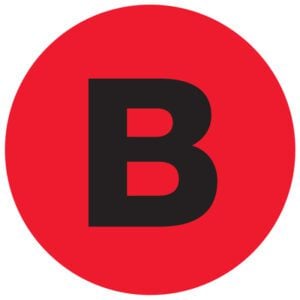 A bold black B is centered in a vibrant fluorescent red circle like the MH-USA 1 Circle - B Letter Labels (500/Roll).
