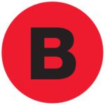 A bold, black B is centered in a vibrant fluorescent red circle, reflecting the MH-USA 2 Circle - B (Fluorescent Red) Letter Labels (500/Roll) style.