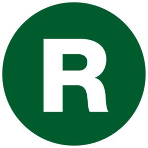A prominent white R is centered in a dark green circle, similar to the MH-USA 1 Circle - R (Green) Letter Labels (500/Roll).