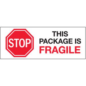 The MH-USA 3 x 8 labels feature a red octagonal stop sign with STOP in white, alongside THIS PACKAGE IS in black and FRAGILE in red on a white background. Each roll includes 250 essential labels for fragile items.
