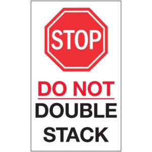 A red octagonal stop sign with DO NOT DOUBLE STACK in bold is shown on MH-USA 6 x 10 labels that come in rolls of 250, ensuring safety and accident prevention.
