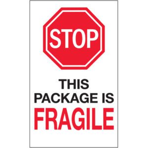 The MH-USA 6 x 10 labels feature a red stop symbol with STOP in bold, black text saying THIS PACKAGE IS, and a vivid red FRAGILE. Sold in rolls of 250, these labels ensure your items are handled with care during shipping.
