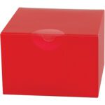 A red rectangular cardboard box with a glossy finish has a small clear seal on the front flap, similar to MH-USAs 1 1/2 Clear Perforated Circle Mailing Labels (1,000/Roll). The plain white background enhances its sleek design.