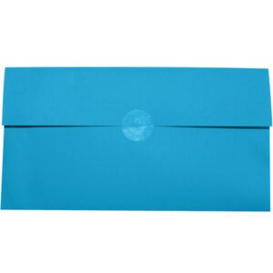 A rectangular bright blue envelope, with a flap folded over the back, is sealed using an MH-USA 2 Clear Circle Mailing Label from the 1,000/roll pack, standing out against a plain white background.