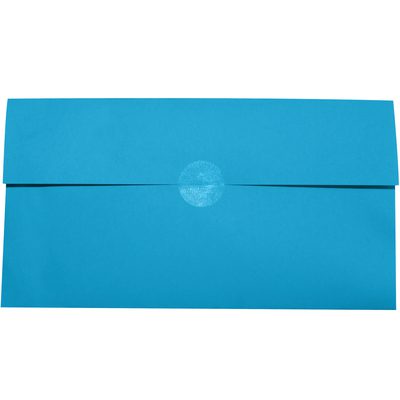 DL711.jpg A blue envelope, elegantly sealed with a small, round transparent sticker similar to MH-USA 4 Clear Circle Mailing Labels (500/Roll), rests against a pristine white background.