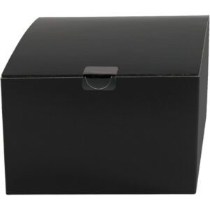 The MH-USA 1 x 1 Clear Square Mailing Labels come in a sleek black cardboard box with a glossy finish, featuring a small tab on the front, blending simplicity with elegance.