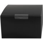 A plain black rectangular box with a curved lid and a transparent, circular closure tab is centered against a white background, neatly accompanied by MH-USA 1 x 2 Clear Rectangle Mailing Labels (1,000/Roll), ready to organize with precision.