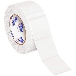 A large roll of white adhesive labels with a partially unrolled strip resembles the MH-USA 2 x 2 Clear Square Mailing Labels (1,000/Roll). These evenly spaced, blank labels are ideal for printing or writing.