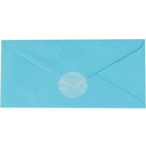 A closed blue envelope, sealed with an MH-USA 1 Frosty White Circle Paper Mailing Label (5,000/Roll), against a plain background.