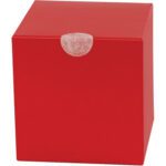 A glossy-finished plain red cardboard box with a small round transparent seal on the top flap sits elegantly against a white background, reminiscent of MH-USA 1 Frosty White Perforated Circle Paper Mailing Labels (5,000/Roll).