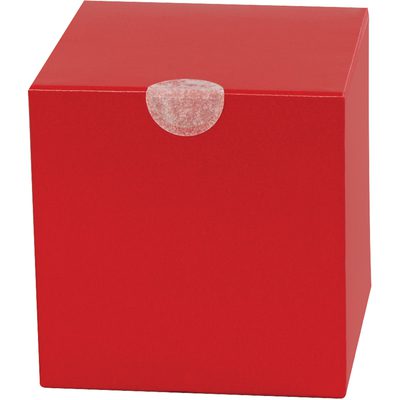 DL752.jpg A glossy-finished plain red cardboard box with a small round transparent seal on the top flap sits elegantly against a white background, reminiscent of MH-USA 1 Frosty White Perforated Circle Paper Mailing Labels (5,000/Roll).
