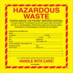 The MH-USA 6 x 6 Hazardous Waste - New Jersey labels feature a yellow label with a red border, warning text, and fields for generator info (name, address, city, state, ZIP), EPA ID number, manifest number, and accumulation details. Comes in rolls of 500. Handle with care.