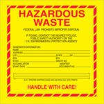The MH-USA 6 x 6 - Hazardous Waste - Standard Labels (500/Roll) feature a yellow design with red borders and text. They include sections for generator info, EPA details, handling instructions, advise contact with authorities if found, and stress Handle with Care!.