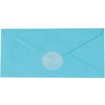 A blue envelope sealed with an MH-USA 2 Frosty White Circle Paper Mailing Label on the flap adds an elegant touch, complementing its horizontal rectangular shape.