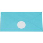 A blue envelope is sealed with MH-USA 1 White Circle Paper Mailing Labels (5,000/Roll), its flap edges creating a centered X pattern on a plain white background, adding elegance to your correspondence.
