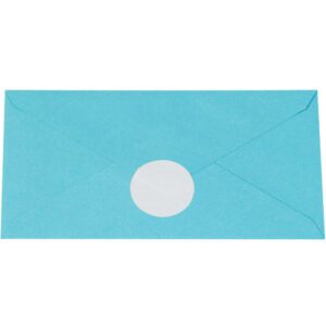 A blue envelope is sealed with MH-USA 1 White Circle Paper Mailing Labels (5,000/Roll), its flap edges creating a centered X pattern on a plain white background, adding elegance to your correspondence.