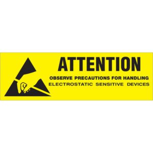 Yellow warning sign with a black triangle and hand symbol reads: ATTENTION - Observe precautions for handling electrostatic sensitive devices. Perfect for MH-USA 5/8 x 2 - Attention - Observe Precautions Labels (500/Roll).