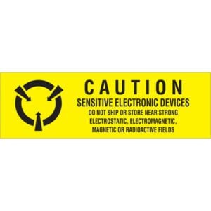 A yellow caution sign with a circular arrow warns: Caution: Sensitive Electronic Devices. Avoid shipping or storing near strong electrostatic, electromagnetic, magnetic, or radioactive fields. Perfect for MH-USA 5/8 x 2 - Sensitive Electronic Devices Labels (500/Roll).