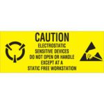 The MH-USA 1 x 2 1/2 Electrostatic Sensitive Devices Labels (500/Roll) feature a yellow warning label with bold black text: Caution - Electrostatic Sensitive Devices. Do not open or handle except at a static-free workstation, including symbols for caution and electrostatic hazards.