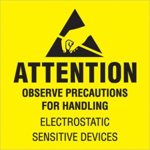 The MH-USA 4 x 4 Attention - Observe Precautions labels feature a yellow sign with a black triangle, hand, and line graphic. Text: ATTENTION: OBSERVE PRECAUTIONS FOR HANDLING ELECTROSTATIC SENSITIVE DEVICES, perfect for your needs. Available in rolls of 500.