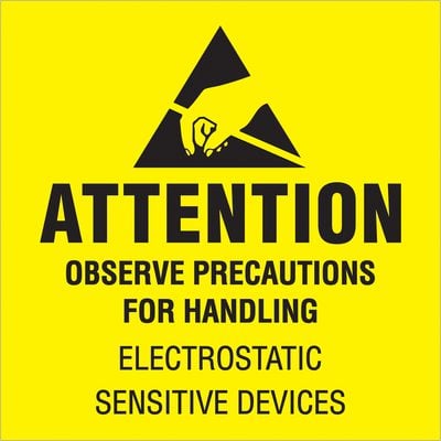 DL9081.jpg The MH-USA 4 x 4 Attention - Observe Precautions labels feature a yellow sign with a black triangle, hand, and line graphic. Text: ATTENTION: OBSERVE PRECAUTIONS FOR HANDLING ELECTROSTATIC SENSITIVE DEVICES, perfect for your needs. Available in rolls of 500.