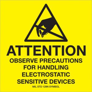 This MIL STD 129N label roll (MH-USA 4 x 4) includes 500 yellow warning signs with a triangle and Attention: Observe Precautions for Handling Electrostatic Sensitive Devices, ideal for maintaining safety in sensitive environments.