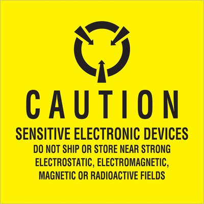 DL9100.jpg MH-USA 4 x 4 labels display a yellow caution sign with a broken circle and three arrows, warning: Sensitive Electronic Devices. Do not ship or store near strong electrostatic, electromagnetic, magnetic, or radioactive fields. Available in rolls of 500.