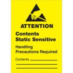 The MH-USA 1¾ x 2½ labels (500/roll) feature a yellow warning sign with a hand and triangle, reading: ATTENTION Contents Static Sensitive Handling Precautions Required, and include blank lines labeled Contents for more information.