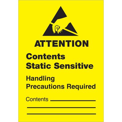 DL9120.jpg The MH-USA 1¾ x 2½ labels (500/roll) feature a yellow warning sign with a hand and triangle, reading: ATTENTION Contents Static Sensitive Handling Precautions Required, and include blank lines labeled Contents for more information.
