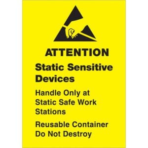 Yellow warning sign featuring a hand and triangle symbol with the text: ATTENTION Static Sensitive Devices. Handle Only at Static Safe Work Stations. These MH-USA 1 3/4 x 2 1/2 labels are ideal for marking static-sensitive equipment containers. (500 labels per roll).