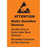 An orange triangular sign with a hand symbol and black text reads: ATTENTION Static Sensitive Devices. Handle Only at Static Safe Work Stations. Reusable Container Do Not Destroy. Product Name: MH-USA 1 3/4 x 2 1/2 - Static Sensitive Devices Labels (500/Roll).