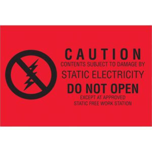 Red label with a black crossed-out lightning bolt symbol and text: MH-USA 2 x 3 - Subject to Static Damage Labels (500/Roll). Caution: Handle contents only at static-free workstations to prevent static electricity damage.