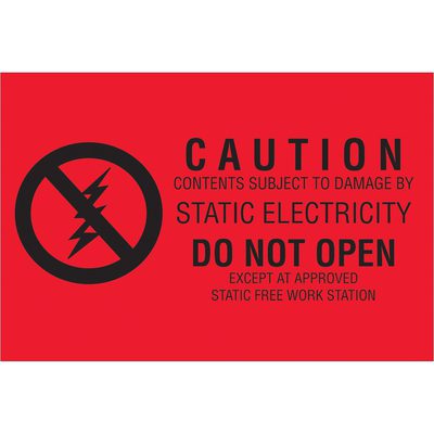 DL9150.jpg Red label with a black crossed-out lightning bolt symbol and text: MH-USA 2 x 3 - Subject to Static Damage Labels (500/Roll). Caution: Handle contents only at static-free workstations to prevent static electricity damage.
