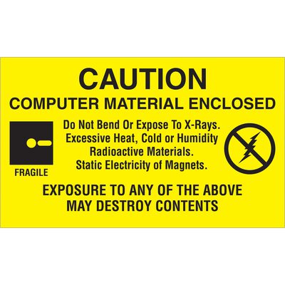DL9201.jpg The MH-USA 3 x 5 label warns in bold black: CAUTION COMPUTER MATERIAL ENCLOSED. Do Not Bend Or Expose To X-Rays, Excessive Heat, Cold or Humidity. Radioactive Materials. Static Electricity or Magnets. Includes fragile symbol, 500 labels per roll.