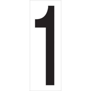 The image shows a large black 1 on a white rectangle, similar to the MH-USA 3 1/2 1 Vinyl Warehouse Number Labels, available in cases of 50.